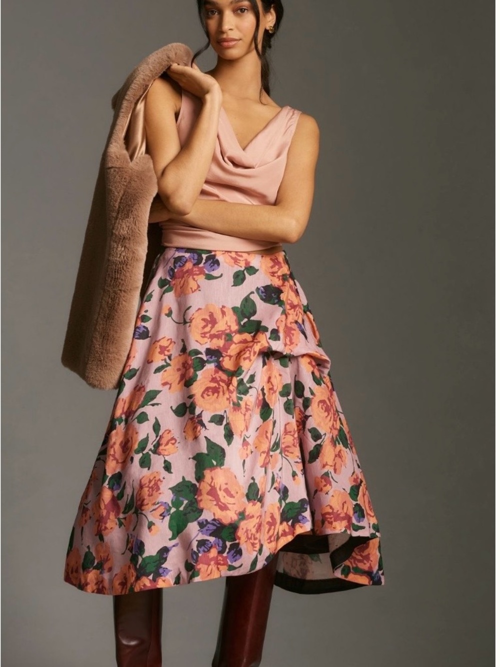 Anthropologie Pink Floral A-Line Midi Skirt Sz XS